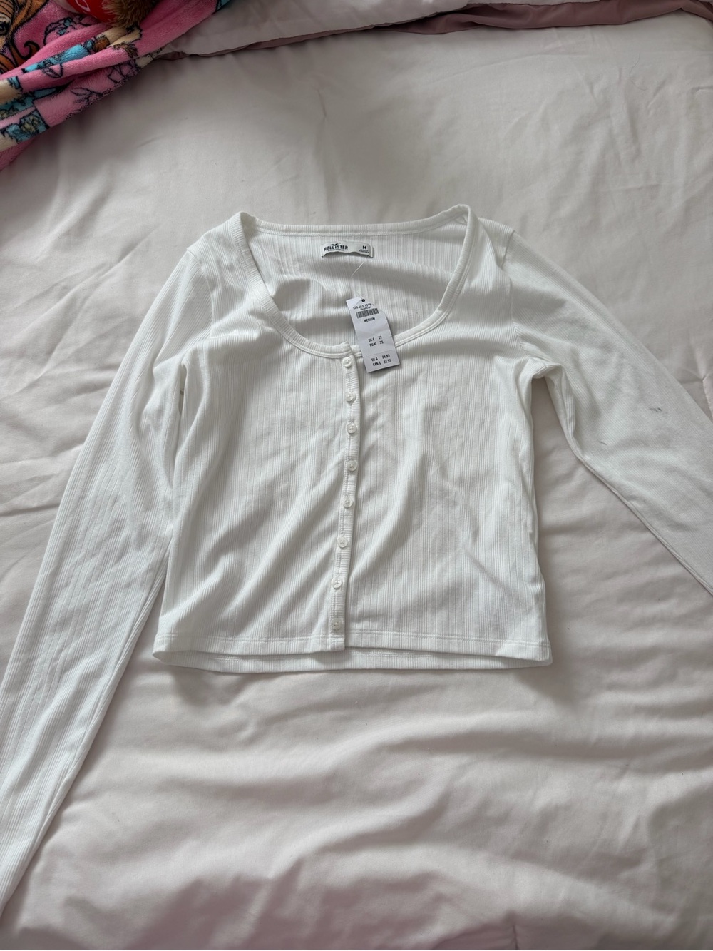 Hollister White Ribbed Button-Front Long Sleeve Crop Top